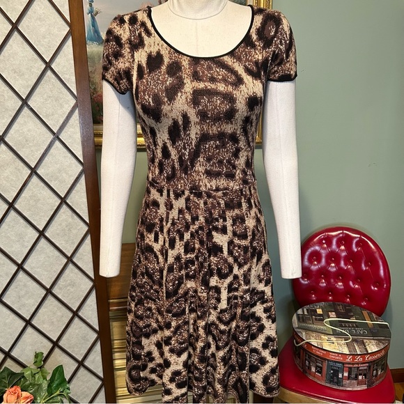 INC Leopard Print Tan Brown Black Cap Sleeve Flared Sweater Dress - Picture 1 of 8